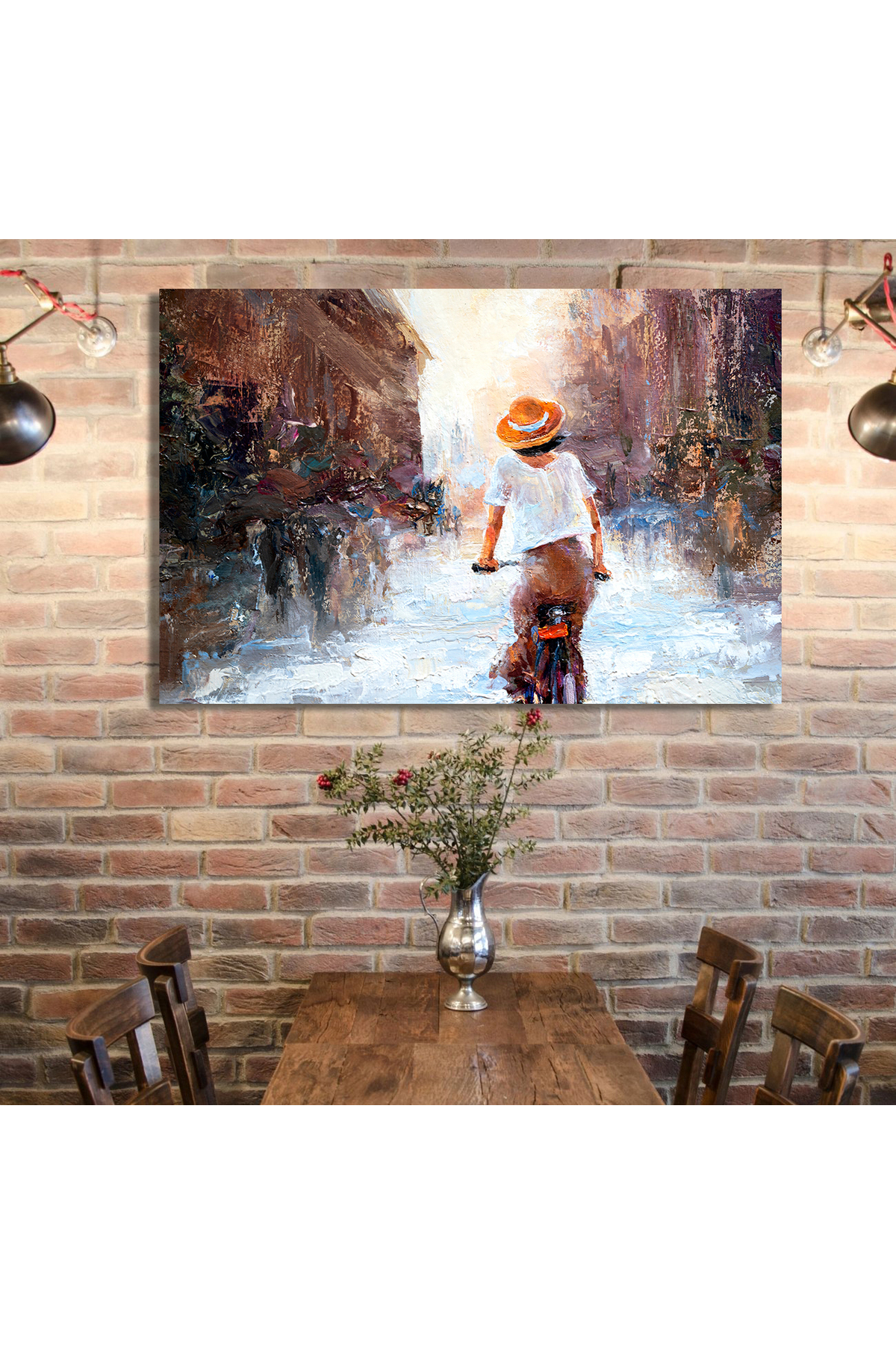 Korkmazkanvas Beyaz Elbiseli Bir Kız Bisiklete Biniyor. Kahverengi Arka Plan Üz