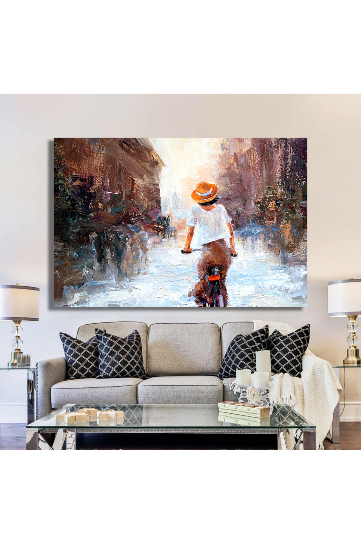 Korkmazkanvas Beyaz Elbiseli Bir Kız Bisiklete Biniyor. Kahverengi Arka Plan Üz