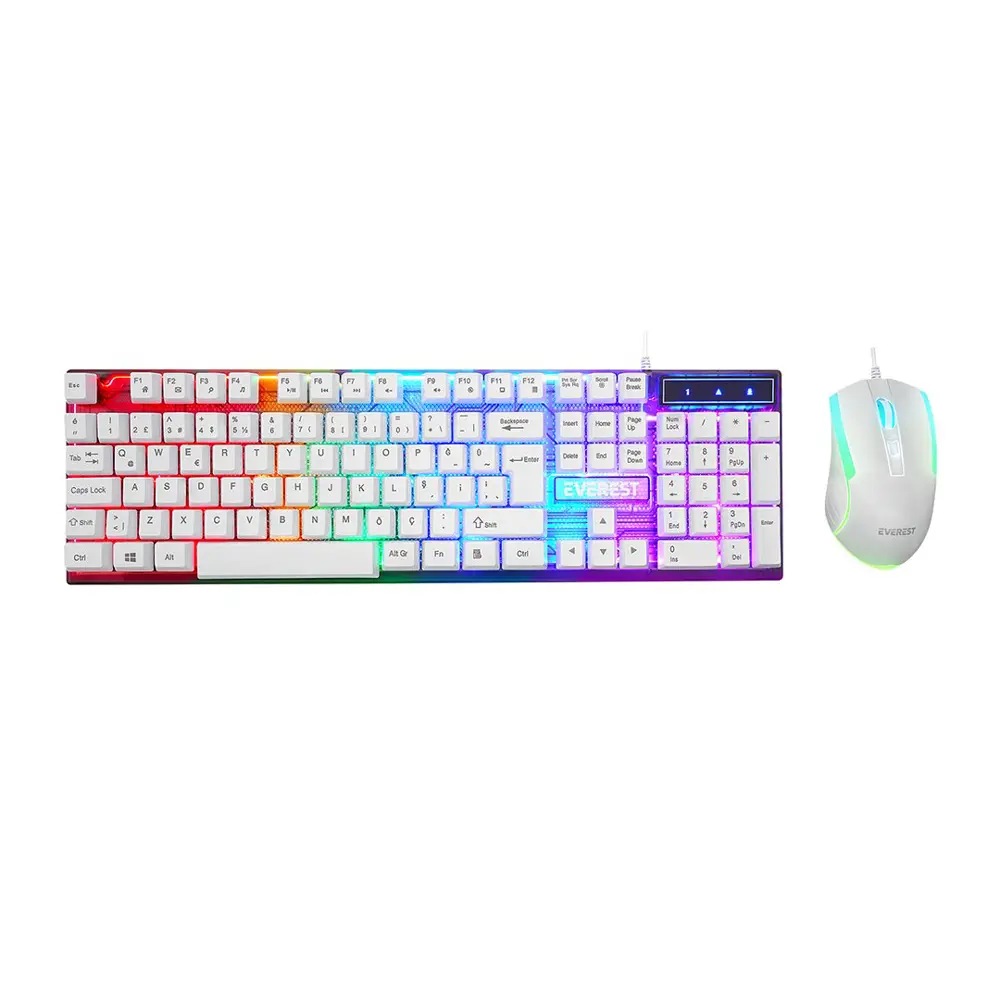 BEYAZ GÖKKUŞAĞI IŞIKLI USB KABLOLU OYUNCU KLAVYE - MOUSE SET (474