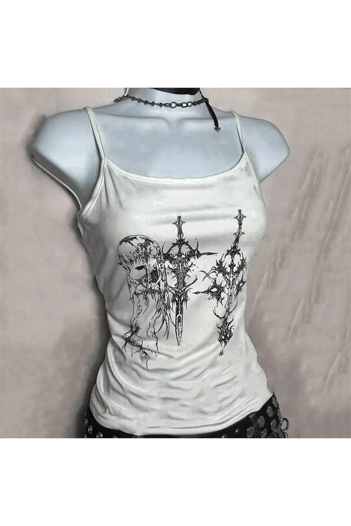 Beyaz Gotik Anime Sword Askılı Crop
