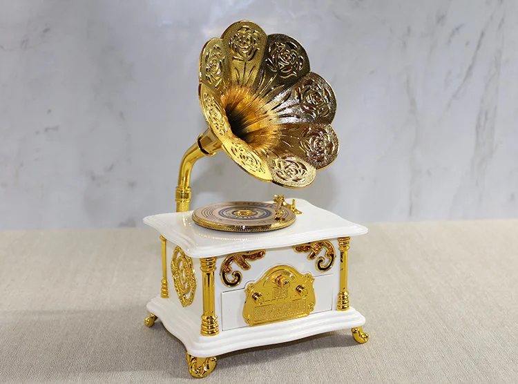 Beyaz Gramofon Müzik Kutusu Şık Dekoratif Nostaljik Melodi
