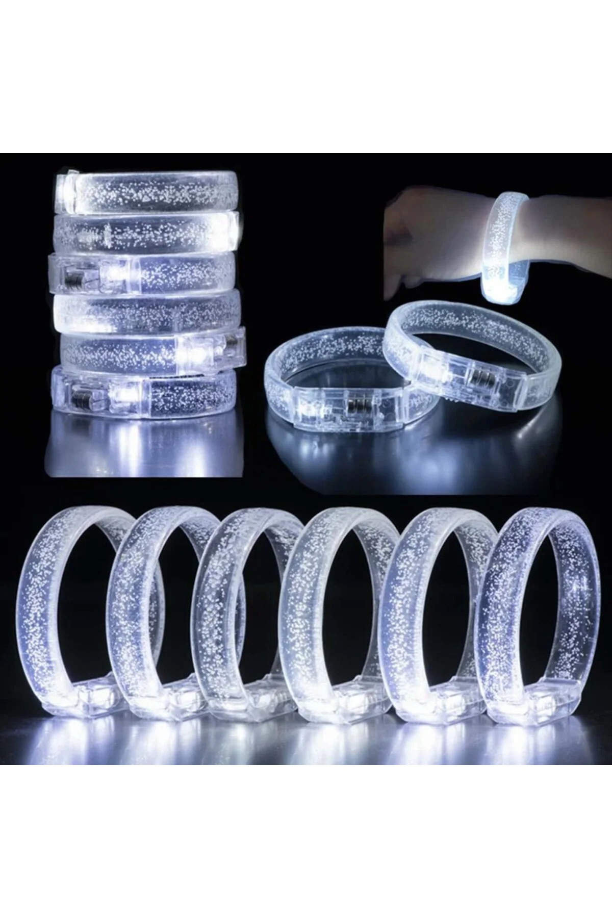 Beyaz-Gümüş Led Işıklı Baskı Yapılabilen Pilli Bileklik Bilezik 1,5 cm Genişlik