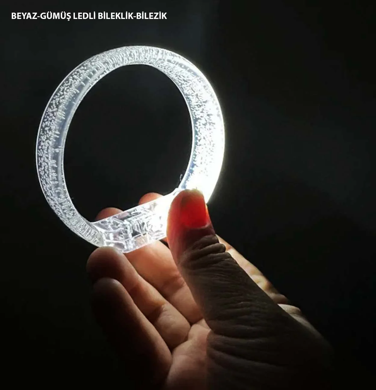 Beyaz-Gümüş LED Işıklı Baskılı Bileklik - Pil Dahil Kabarcıklı Şeffaf Bilezik (1,5 cm)