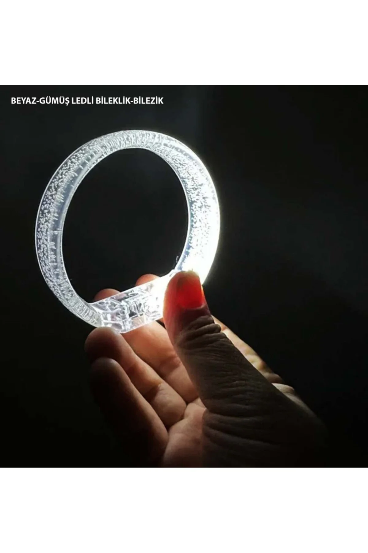 Beyaz-Gümüş Led Işıklı Baskı Yapılabilen Pilli Bileklik Bilezik 1,5 cm Genişlik