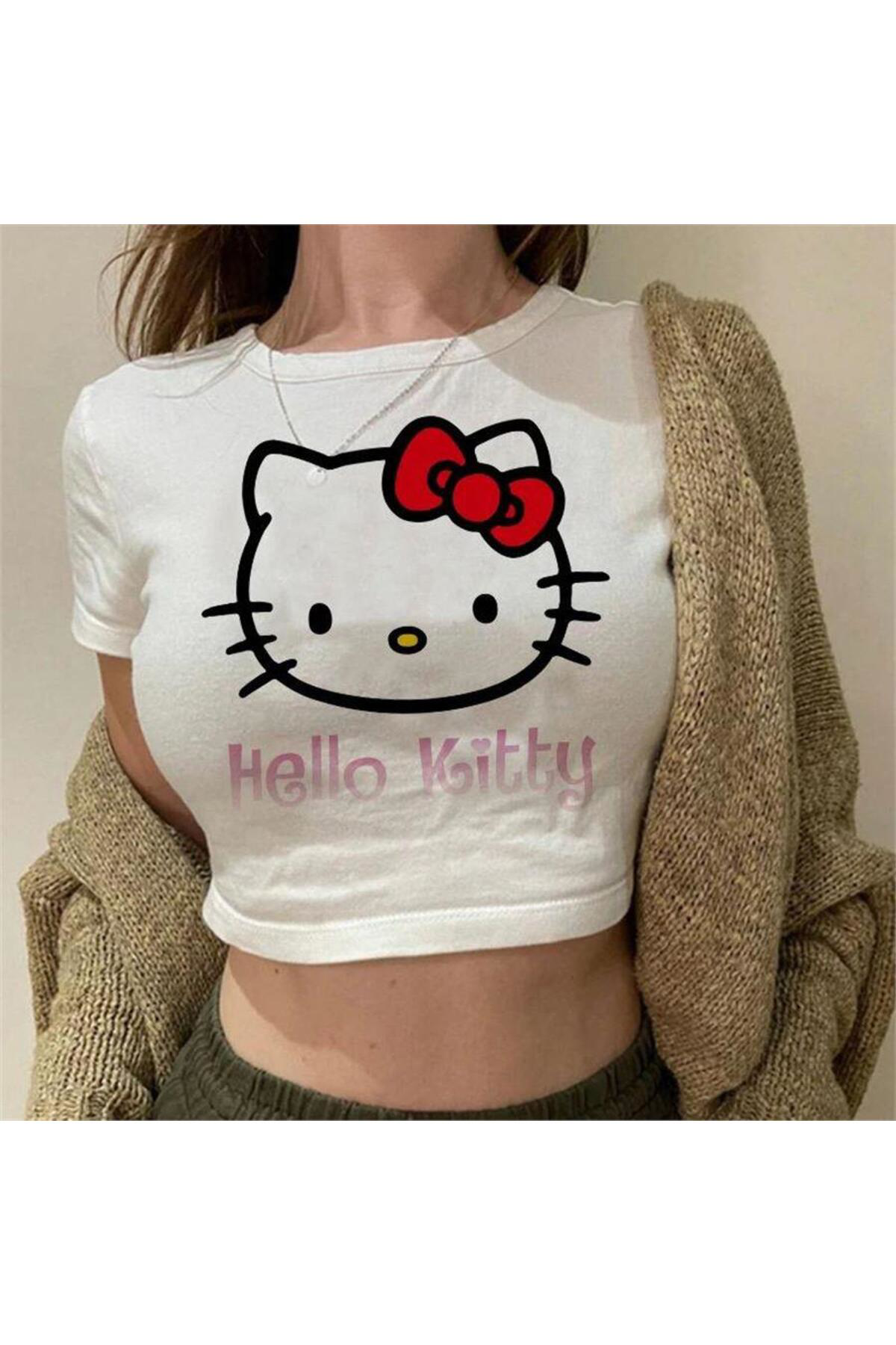 Beyaz Hello Kitty Cat Face Kısa Kollu Crop