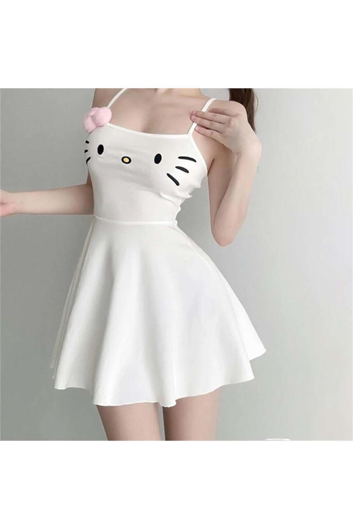 Beyaz Hello Kitty Face Askılı Elbise