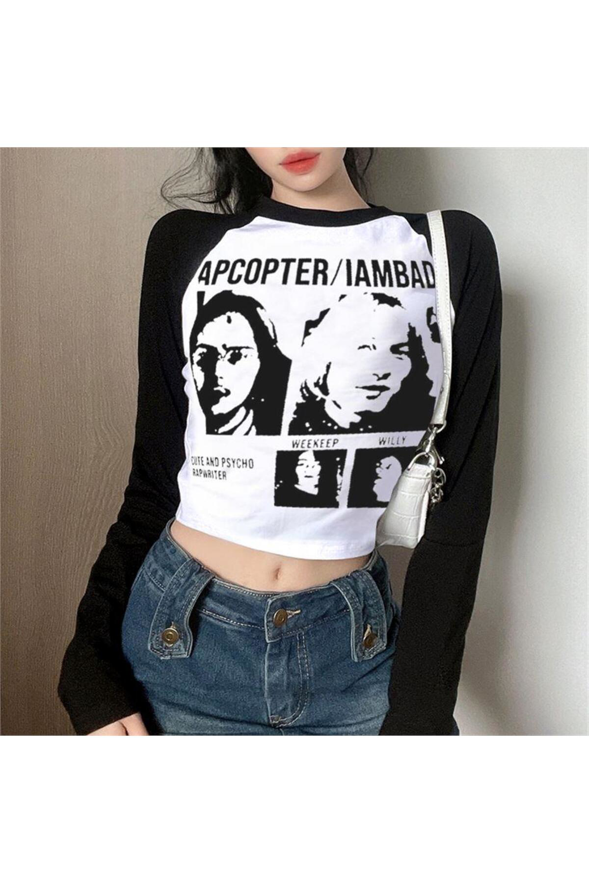 Beyaz I Am Bad Raglan Uzun Kollu Crop