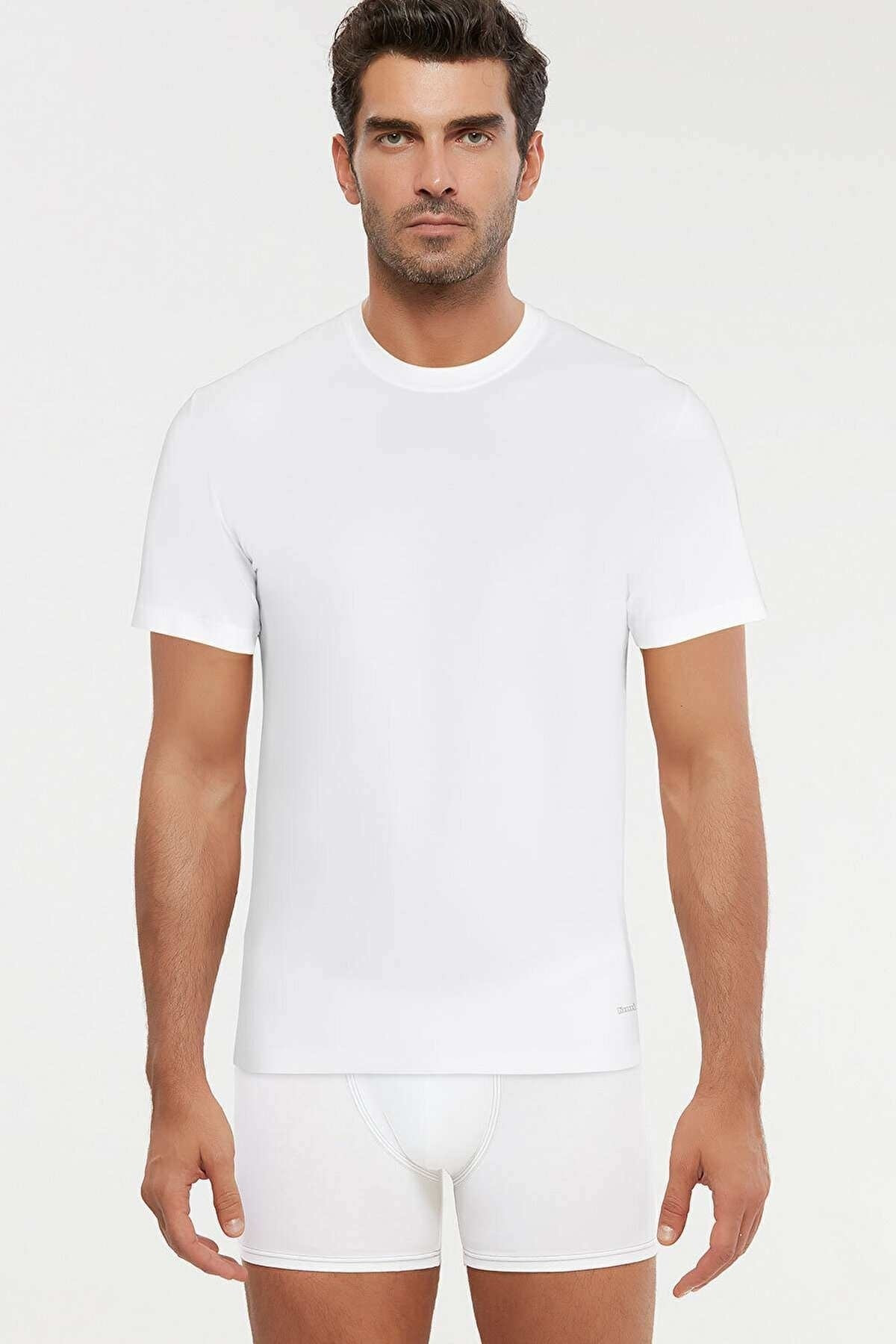 Kom Beyaz James Bisiklet Yaka Basic Erkek Tshirt 2 Li Paket