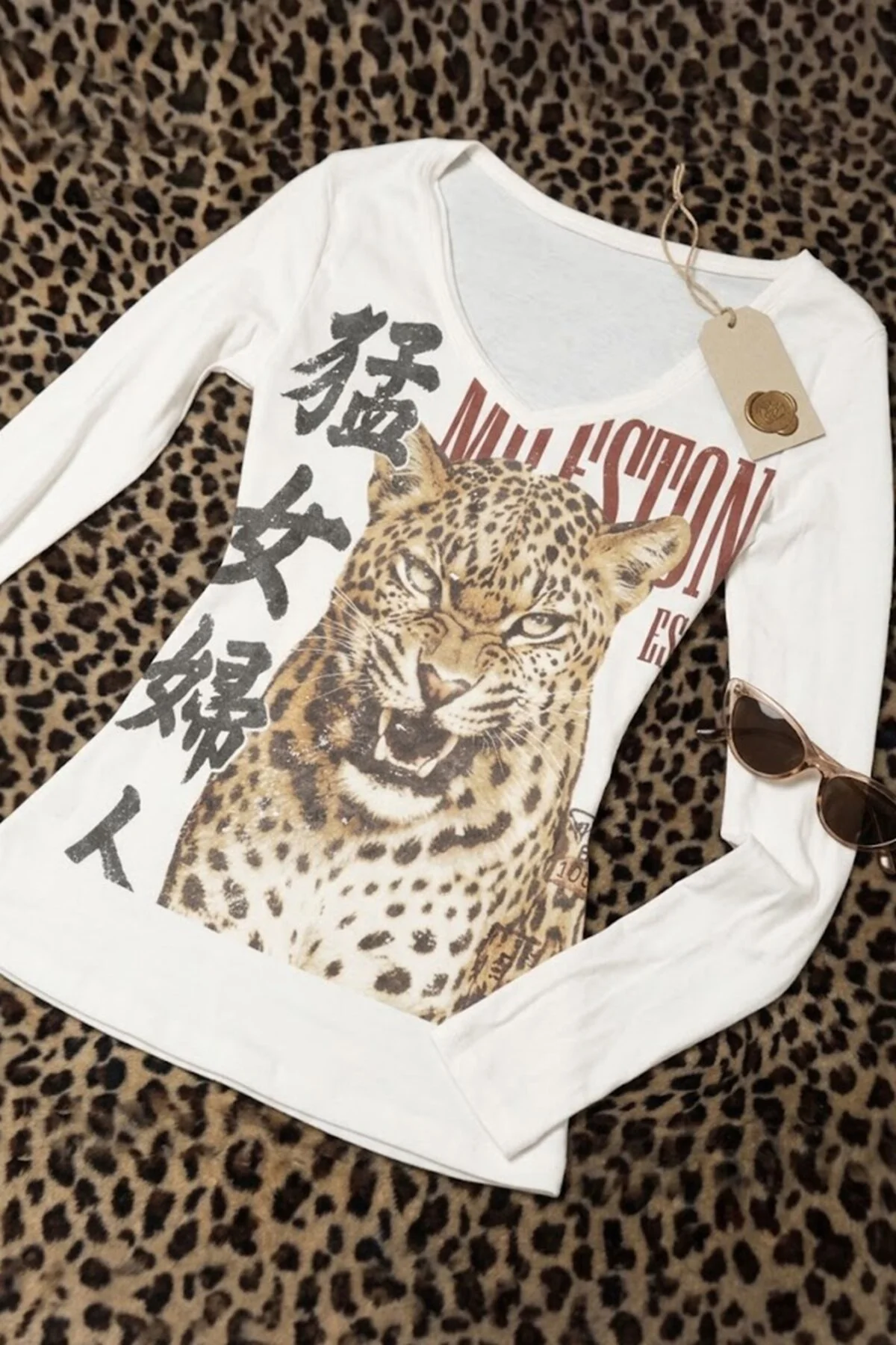 Beyaz Japenese Vintage Leopar Y2K Uzun Kollu Crop - Görsel 2