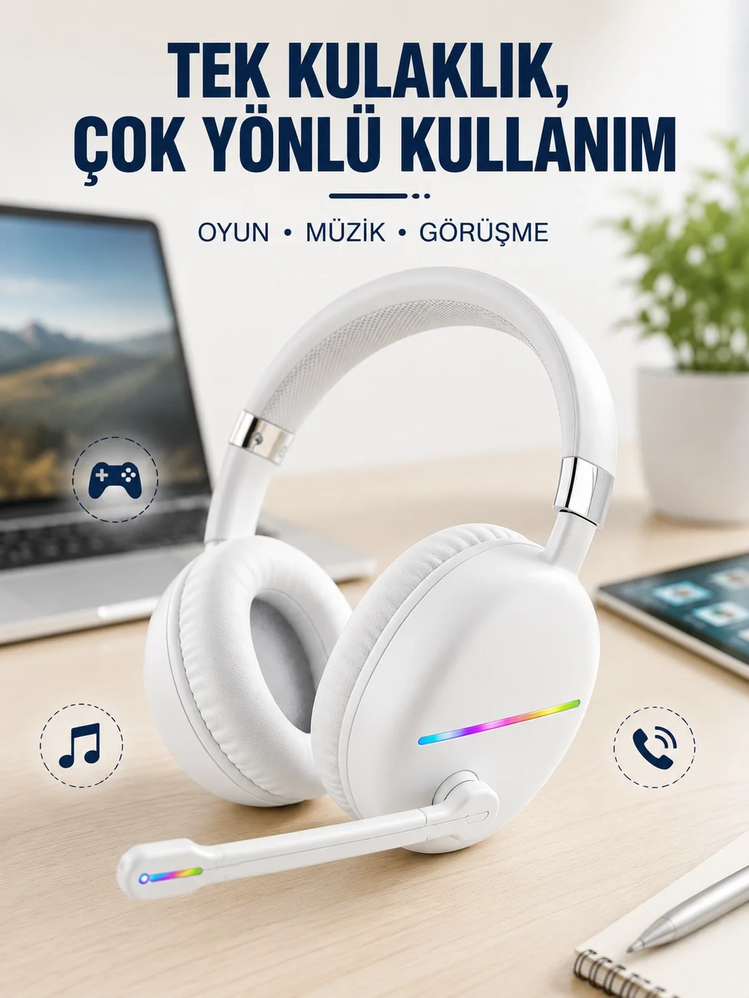 Beyaz Kablosuz Bluetooth Kulaklık Mikrofonlu Ergonomik Kulak Üstü Tasarım Beyaz Kablosuz Bluetooth Kulaklık Mikrofonlu Ergonomik Kulak Üstü Tasarım