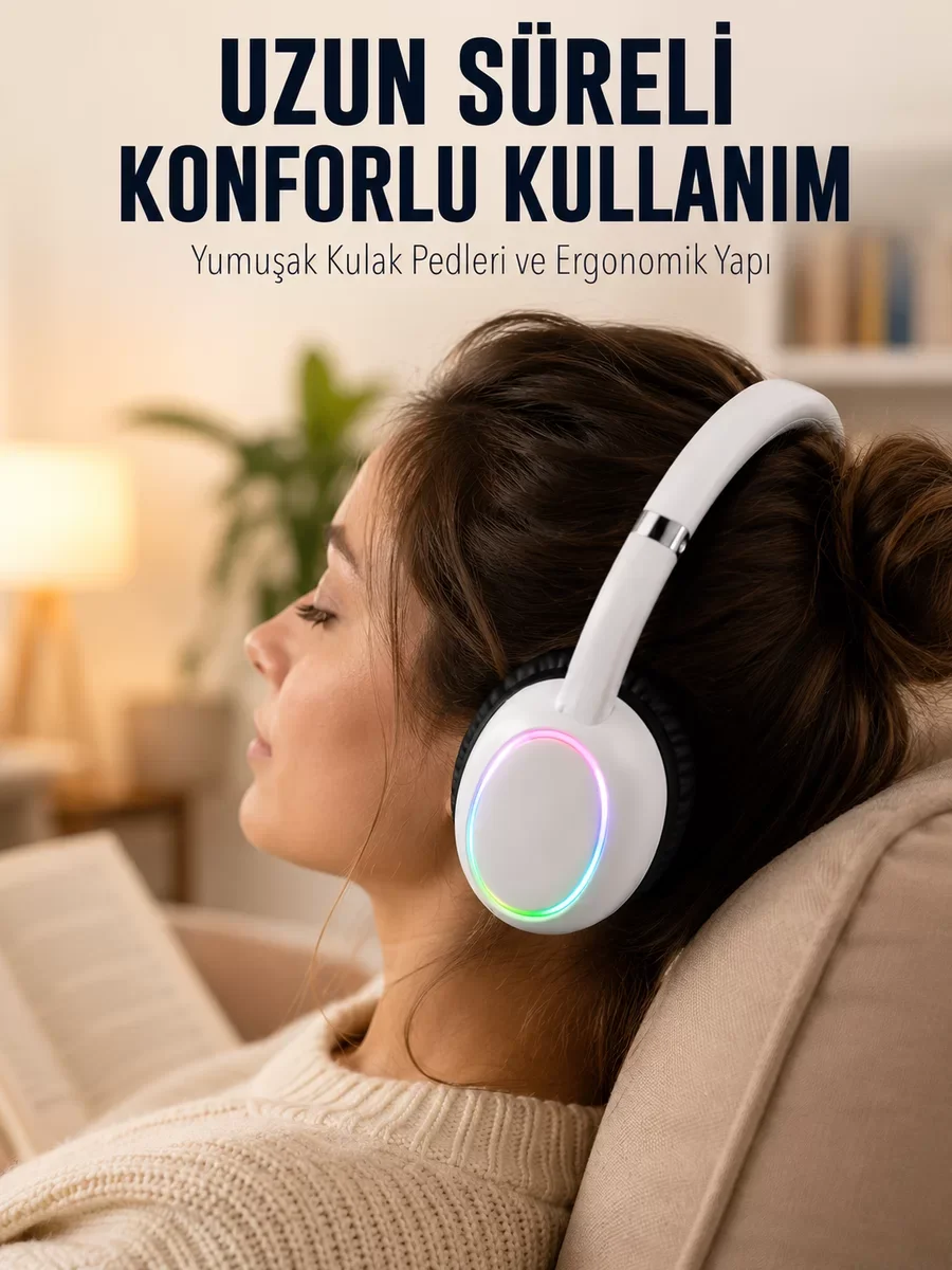 Beyaz Kablosuz Bluetooth Kulaklık Mikrofonlu Ergonomik Kulak Üstü