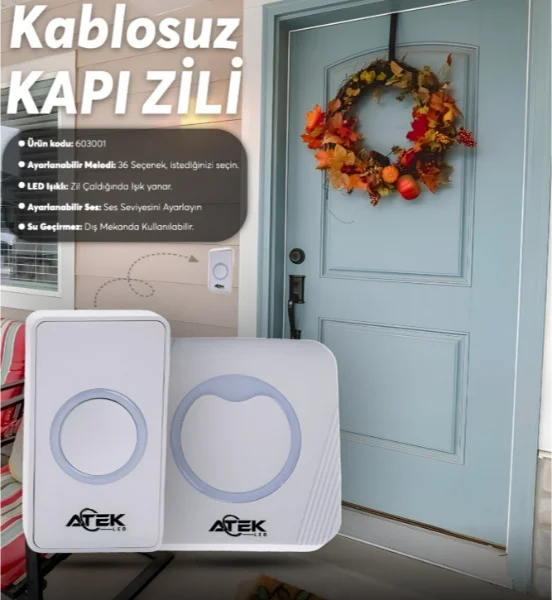 Beyaz Kablosuz Su Geçirmez Kapı Zili