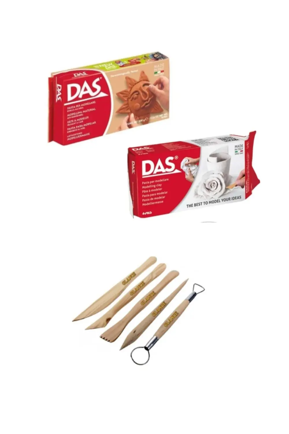 Beyaz Kahve Seramik Kili 500 gr Modelaj Kalemi Ebeşuar 5 Li Ahşap