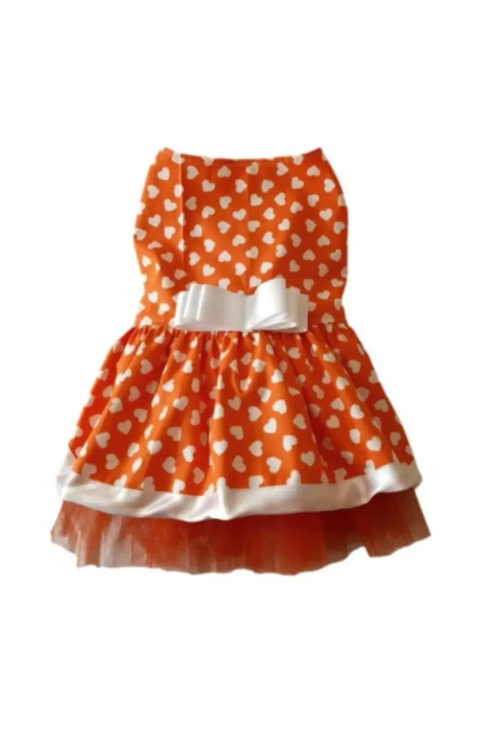 Beyaz Kalp Desenli Fiyonklu Turuncu Kedi Köpek Kıyafeti Elbisesi