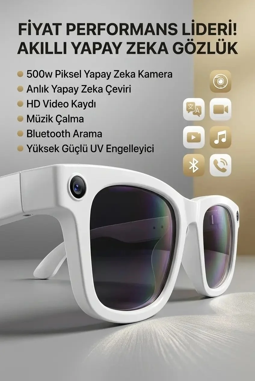 Beyaz Kameralı Bluetooth Akıllı Gözlük Fotoğraf Video ve Ses Kayı