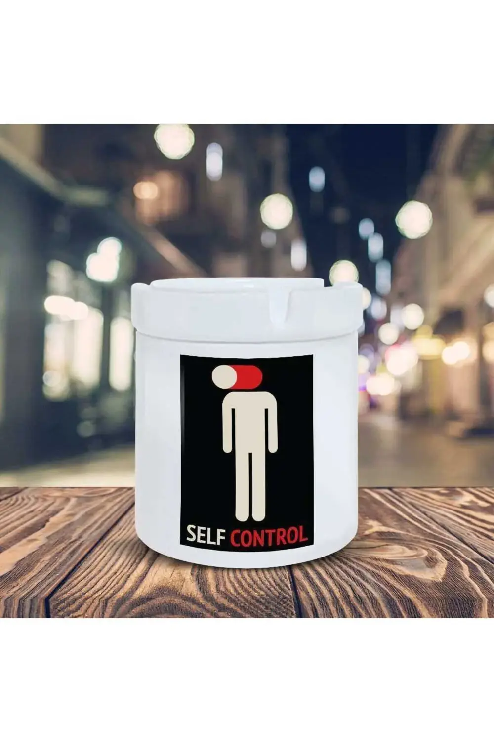 Beyaz Kapalı Kafa Küllük Self Control Baskılı Kül Tablası K-147