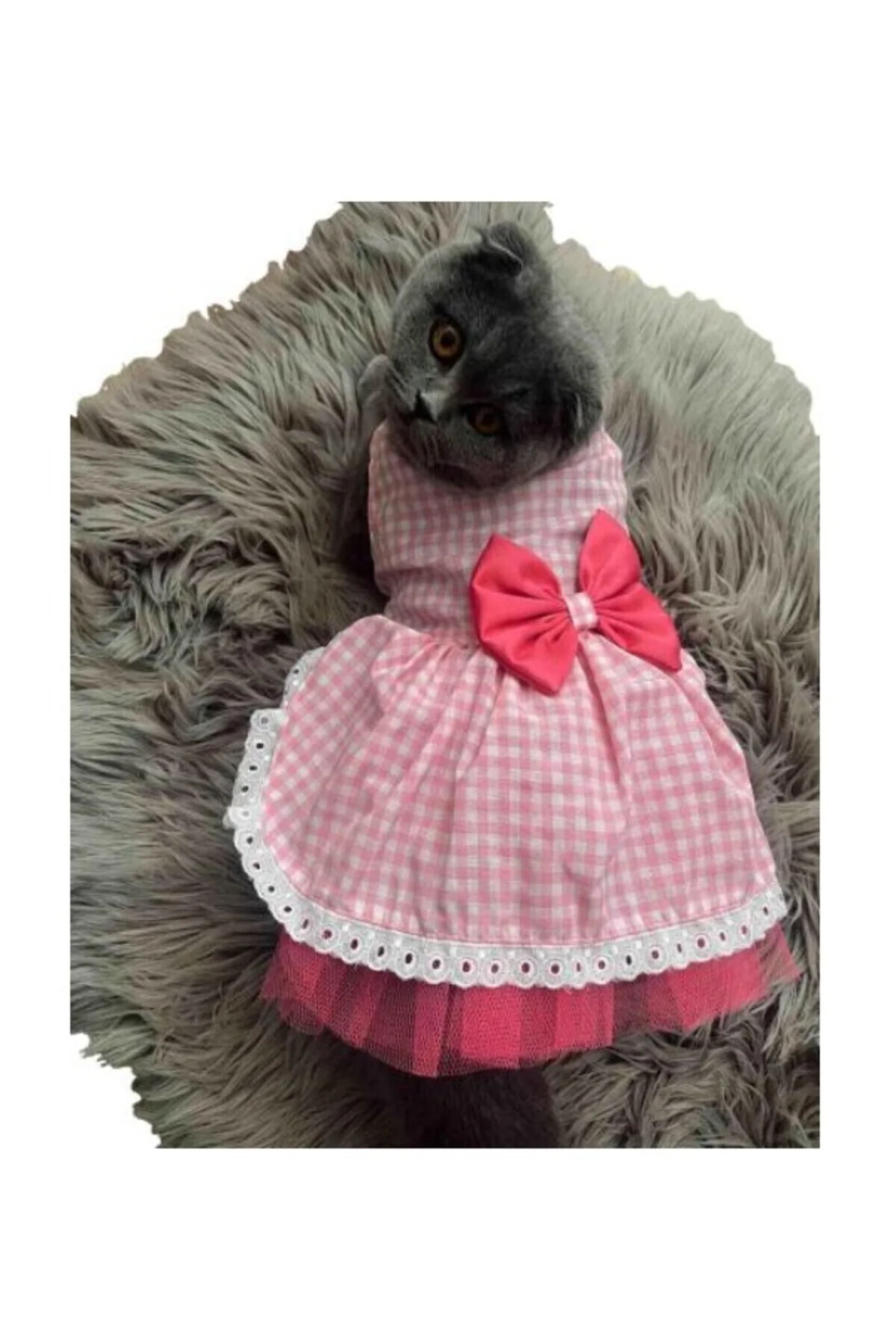 Beyaz Kareli Pembe Dişi Kedi Köpek Kıyafeti Elbisesi Medium/m/bed