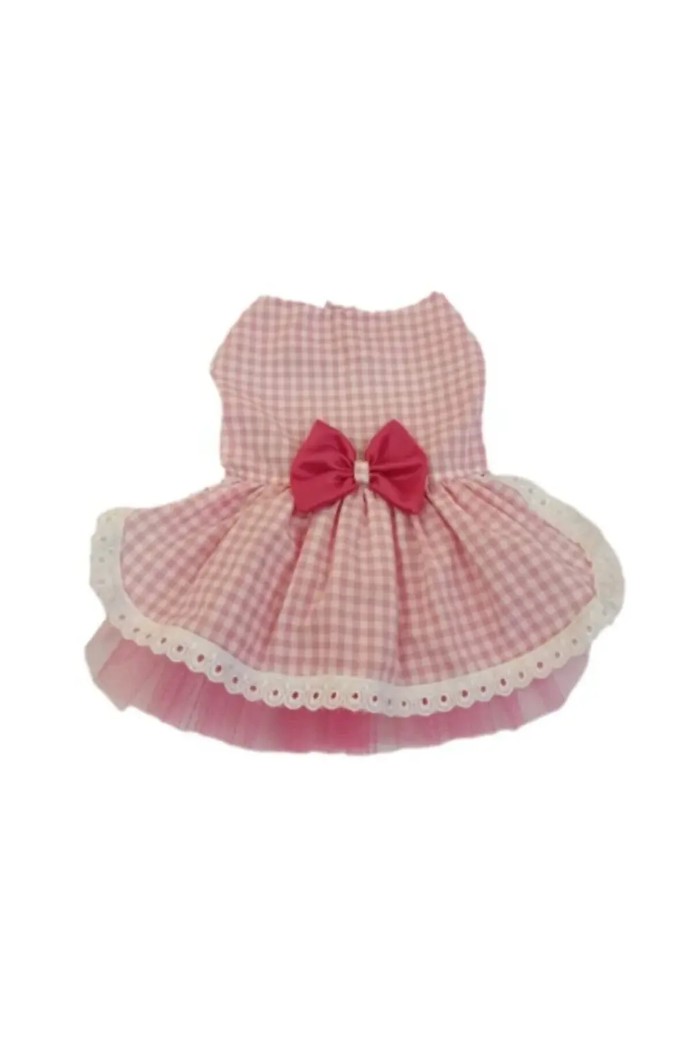 Beyaz Kareli Pembe Dişi Kedi Köpek Kıyafeti Elbisesi