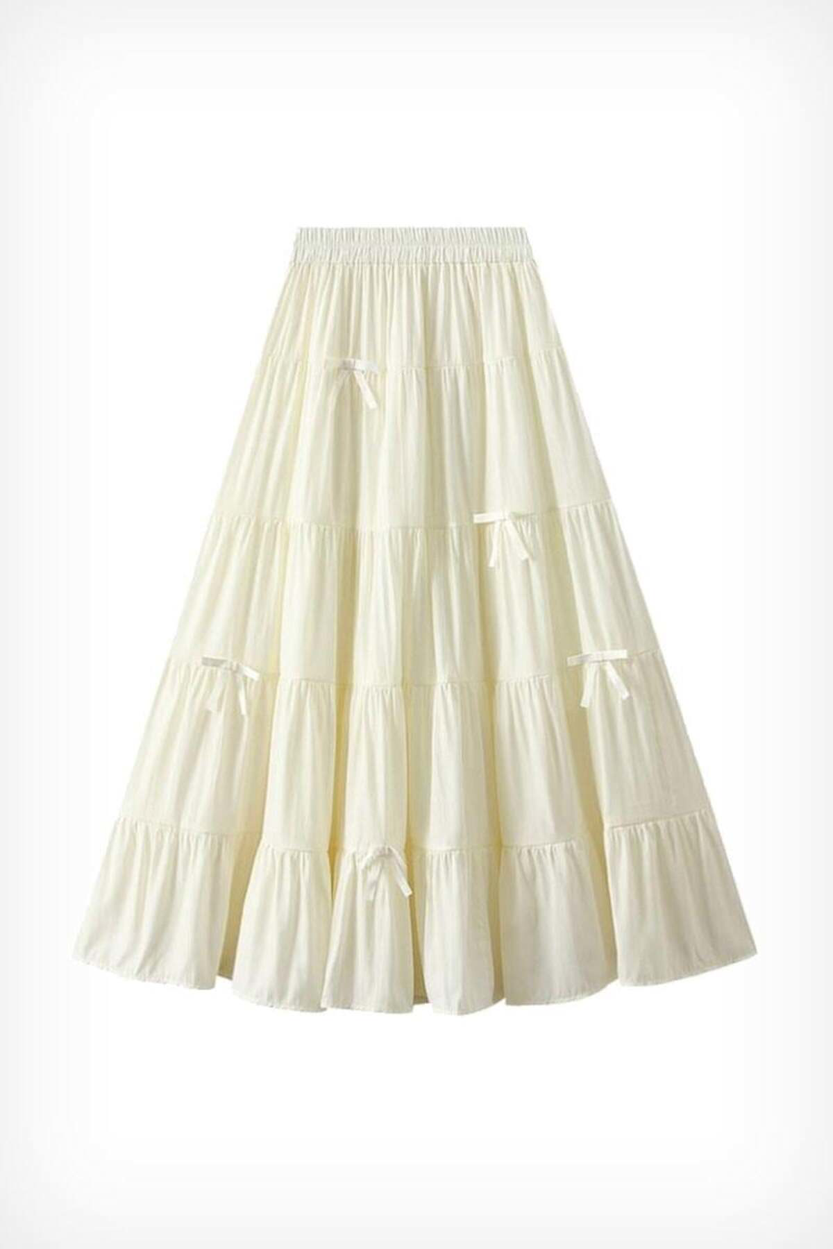Köstebek Beyaz Katlamalı Kurdeleli Uzun Etek