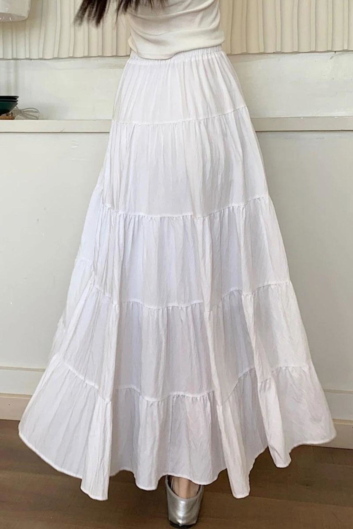 Köstebek Beyaz Katlamalı Kurdeleli Uzun Etek