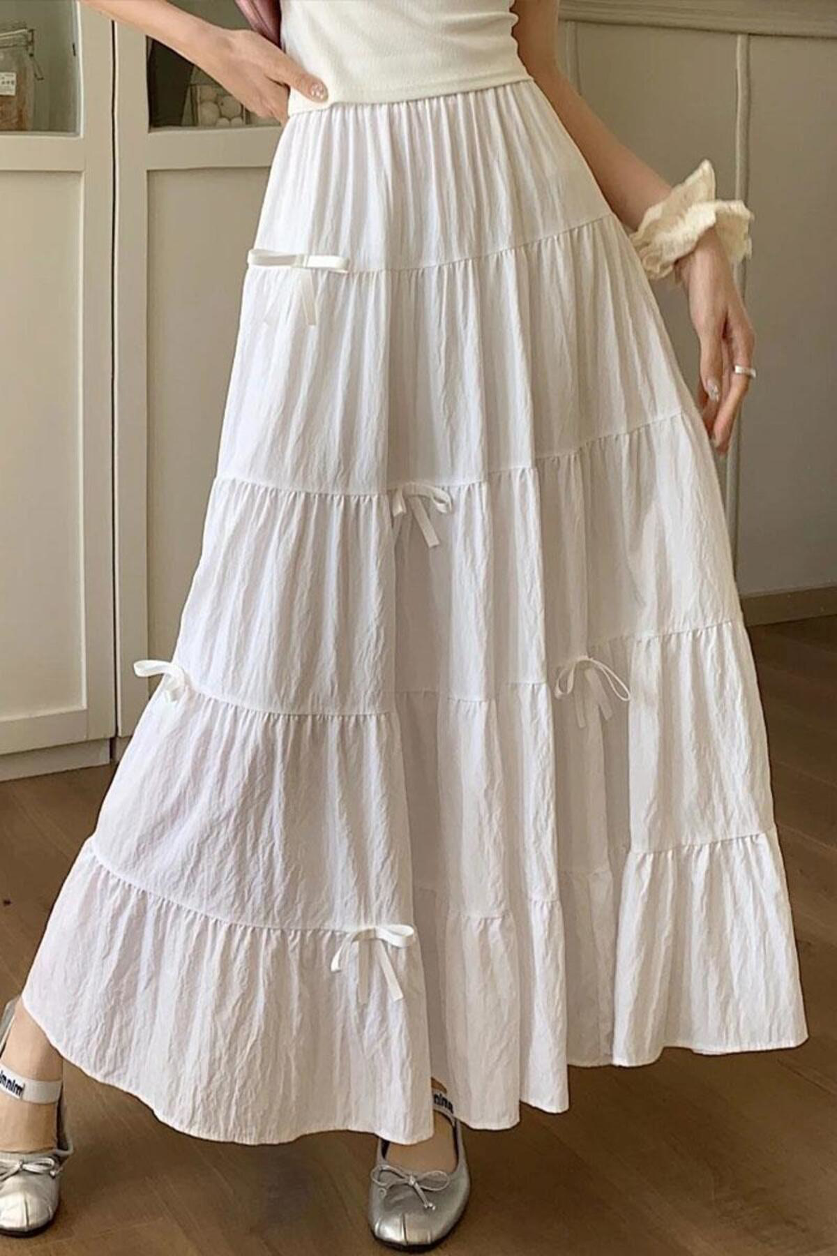 Köstebek Beyaz Katlamalı Kurdeleli Uzun Etek