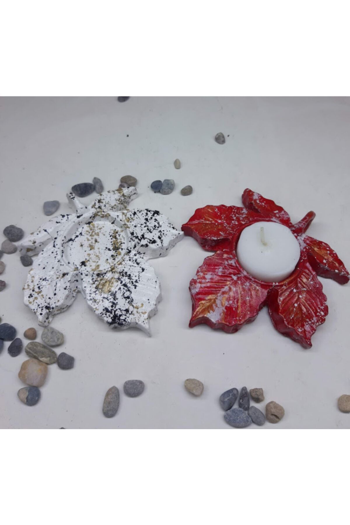 Dodemert Home Beyaz -Kirmizi Çinar Yapraği Beton Mumluk 2 Li