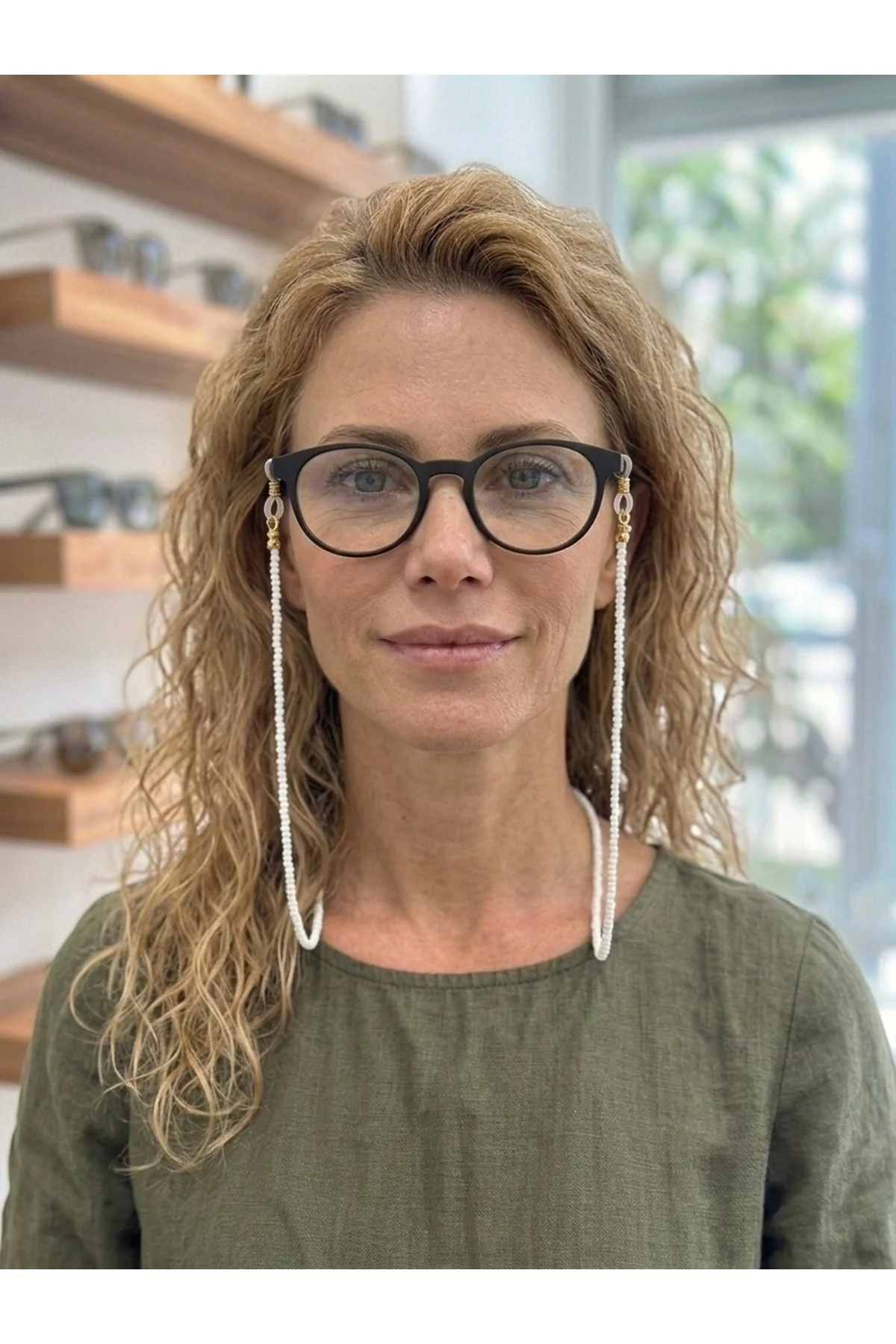 Beyaz Kum Cam Boncuk Gözlük İpi Askısı 70 cm Optik ve Güneş Gözlük Uyumlu