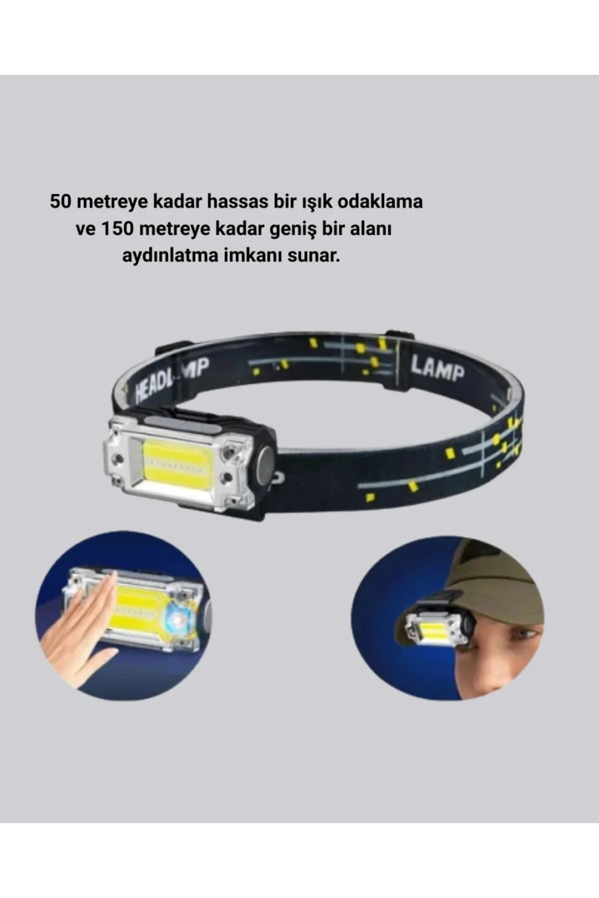 Beyaz Led Işık Sensörlü Kafa Lambası Lityum Batarya Led El Fenerli Şarjlı