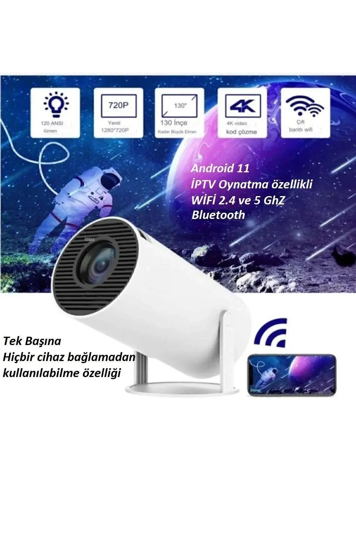 Beyaz LED projeksiyon cihazı HD çözünürlük 2000:1 kontrast 200 ansilümen wifi bluetooth