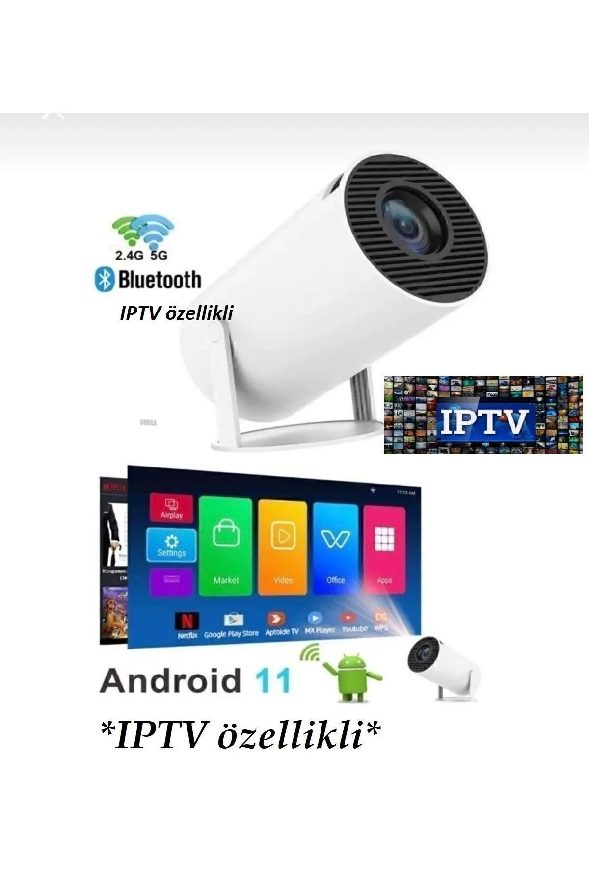 Beyaz LED projeksiyon cihazı HD çözünürlük 2000:1 kontrast 200 ansilümen wifi bluetooth