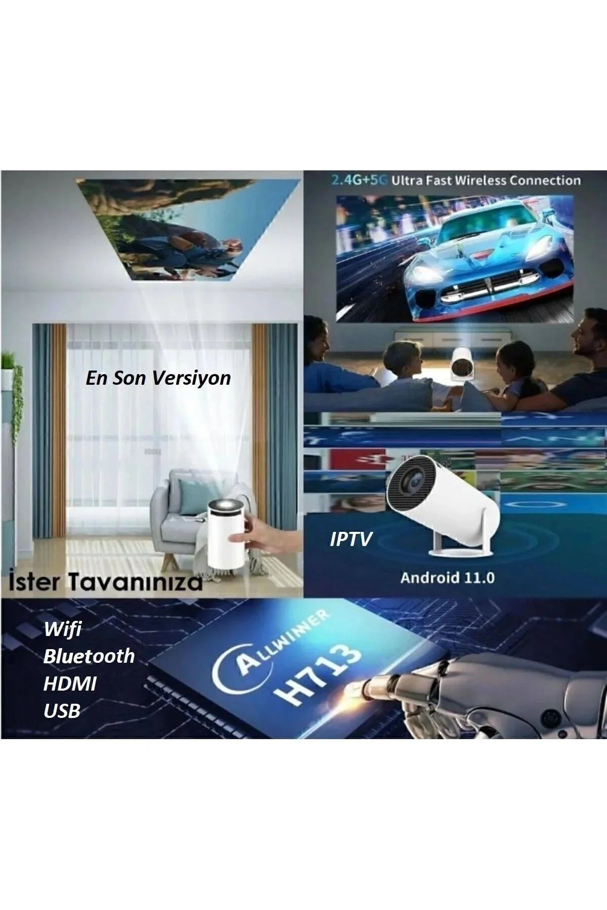 Beyaz LED projeksiyon cihazı HD çözünürlük 2000:1 kontrast 200 ansilümen wifi bluetooth