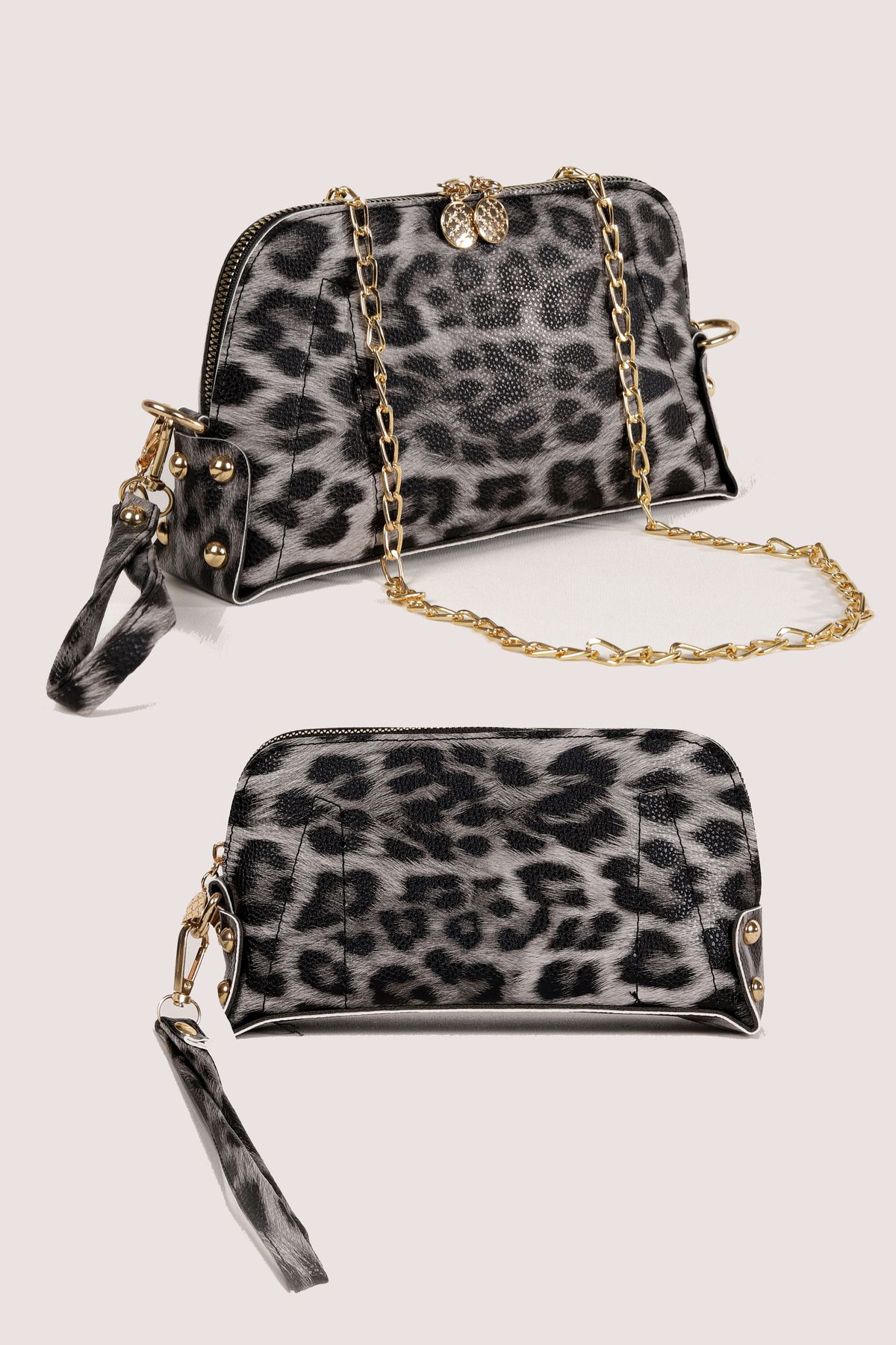 Beyaz Leopar Desenli El Çantası Seti