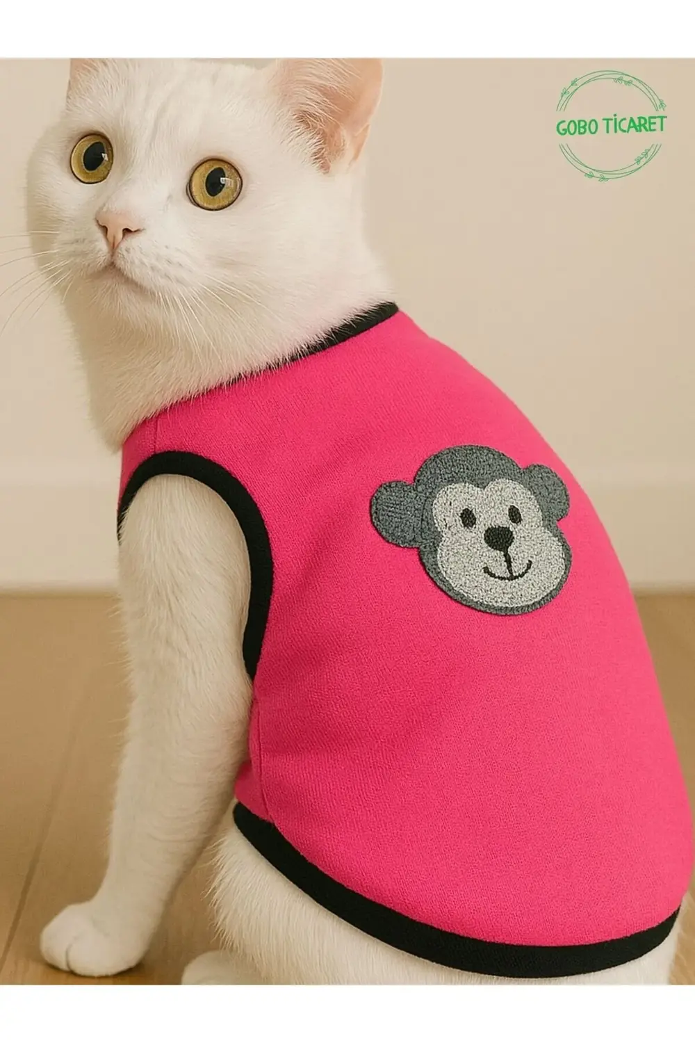 Beyaz Maymun Aplikeli Farklı Renklerde Kedi Köpek Kıyafeti Elbise