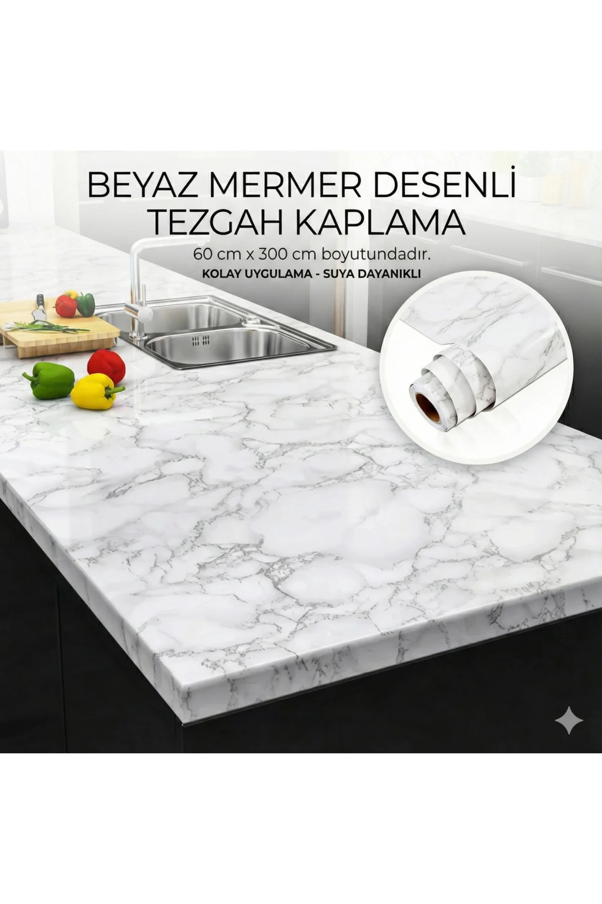 Beyaz Mermer Desenli Yapışkanlı Tezgah Folyosu (3 Mt.X 60 Cm) Beyaz Mermer Desenli Yapışkanlı Tezgah Folyosu (3 Mt.X 60 Cm)