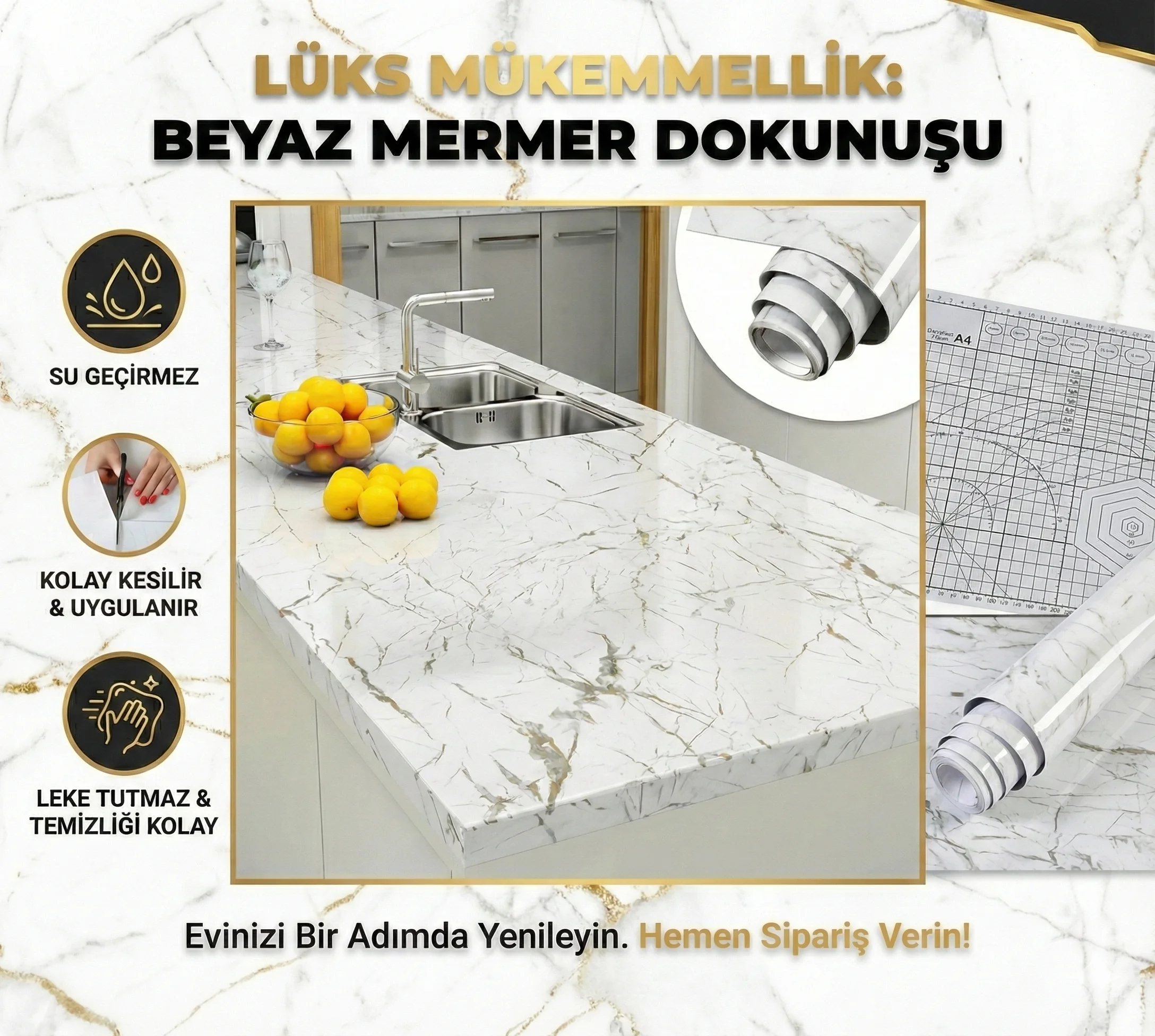Beyaz Mermer Desenli Yapışkanlı Tezgah Folyosu (3 mt.x 60 cm)