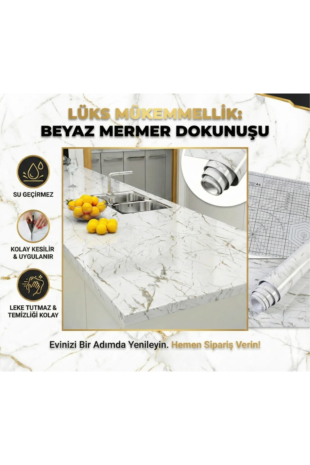 Beyaz Mermer Desenli Yapışkanlı Tezgah Folyosu (3 Mt.X 60 Cm) Beyaz Mermer Desenli Yapışkanlı Tezgah Folyosu (3 Mt.X 60 Cm) - Görsel 4