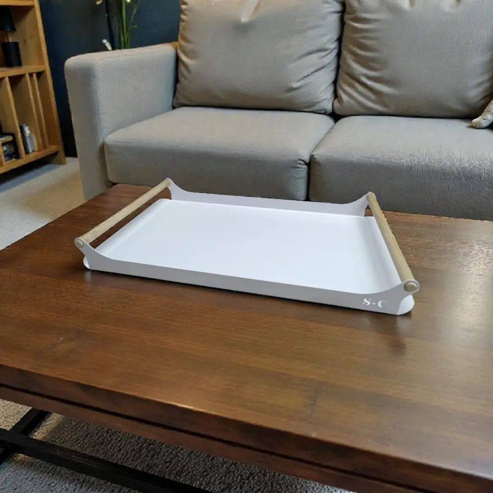 Beyaz Metal Ahşap Tutma Saplı Çay Tepsisi, Nişan Tepsisi Sunum Te