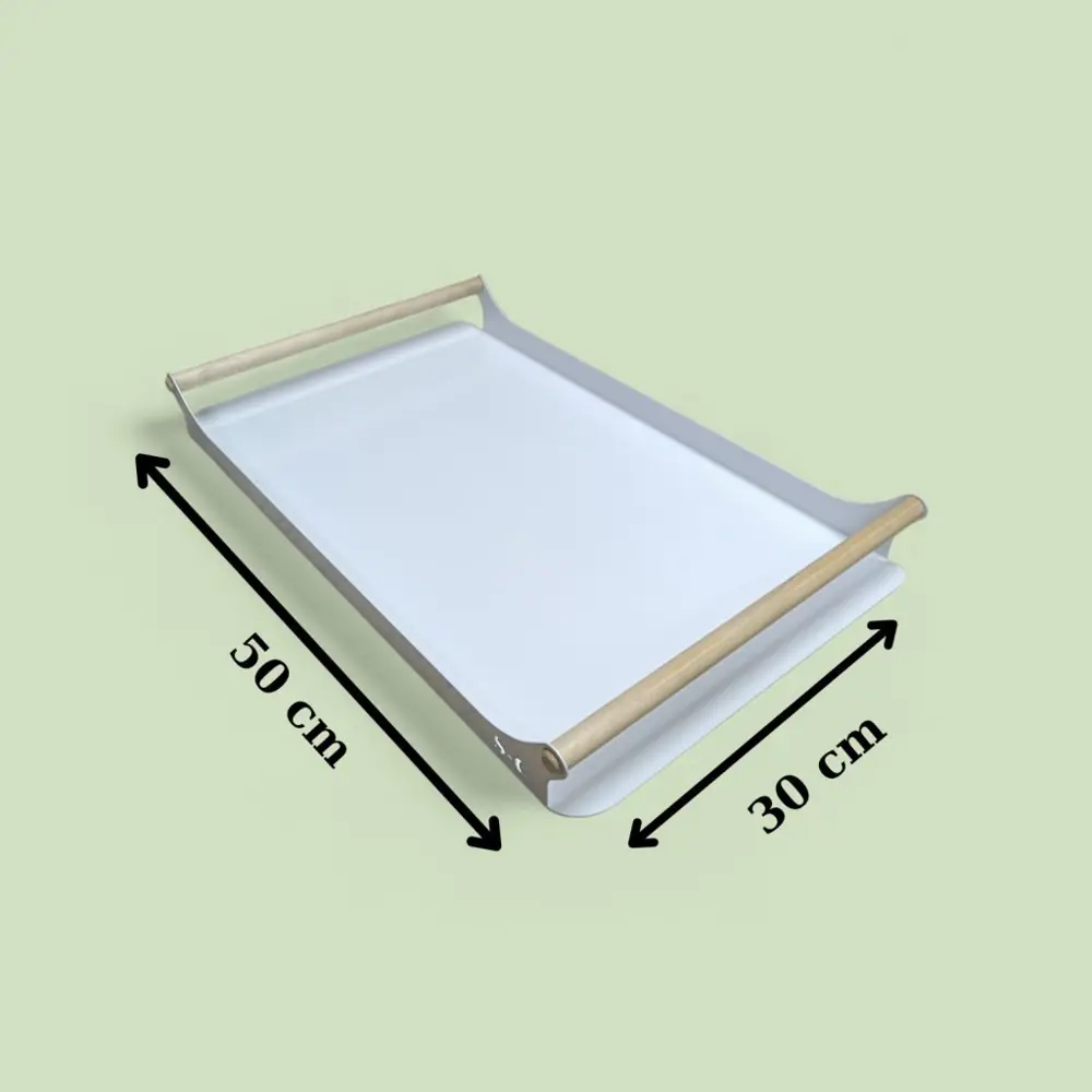 Beyaz Metal Ahşap Tutma Saplı Çay Tepsisi, Nişan Tepsisi Sunum Te