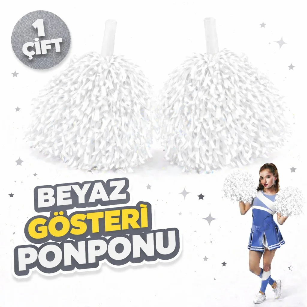 Beyaz Okul Gösteri Ponponu 1 Çift (2 Adet) – Ekstra Dolgun Sahne Performansı İçin