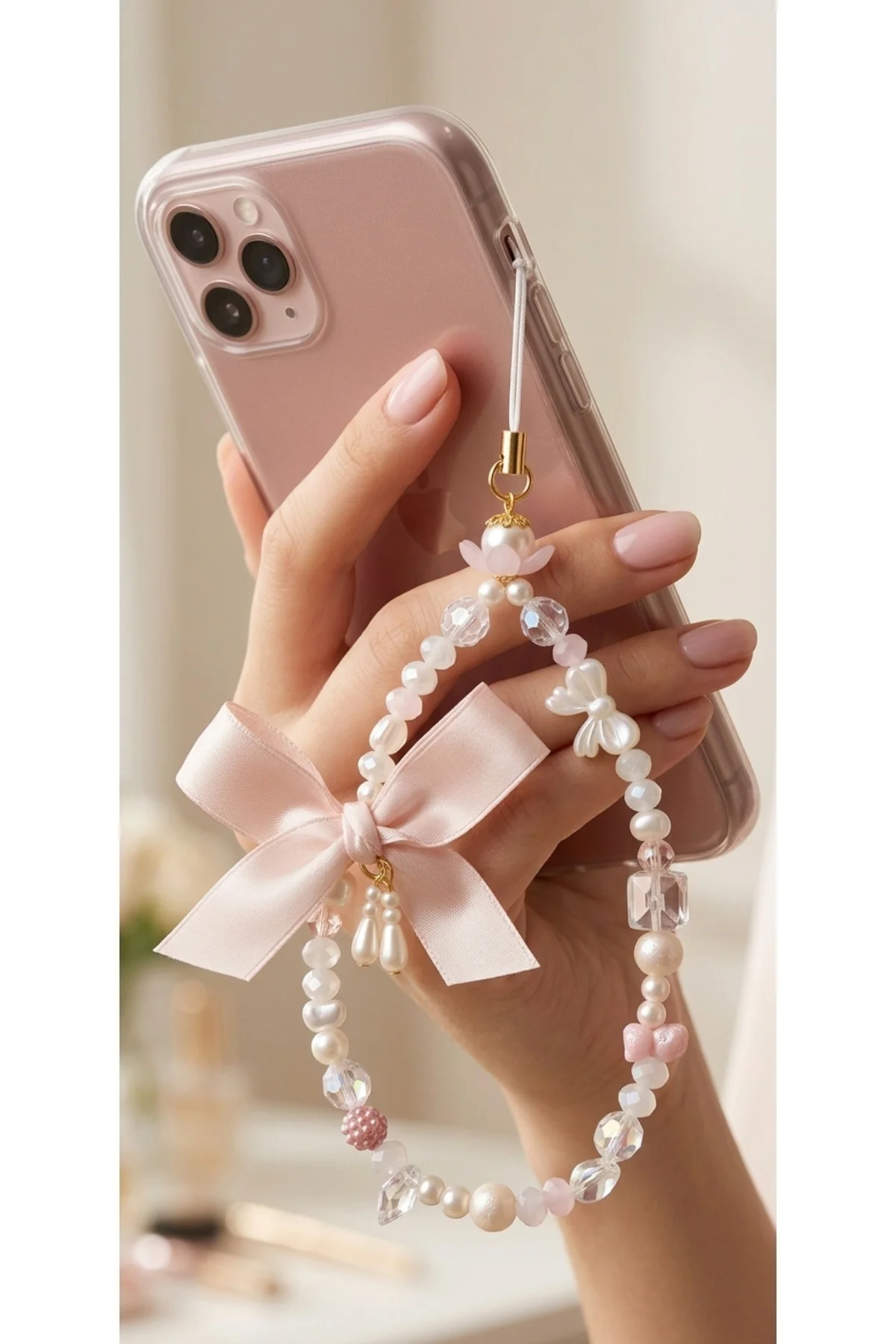 Beyaz Pembe Tonlu Telefon Bilek Askısı