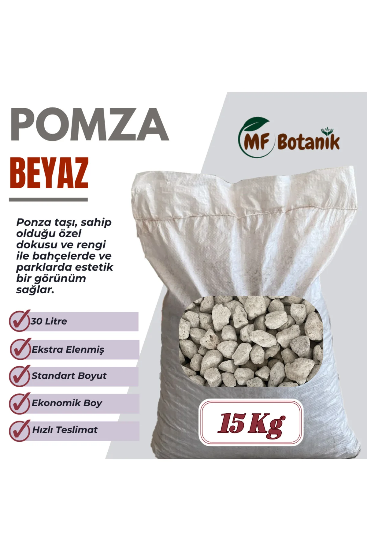 Beyaz Pomza Taşı 15-25 Mm 30 Litre - 15 KG Volkanik Cürüf Ponza Lav Kırığı