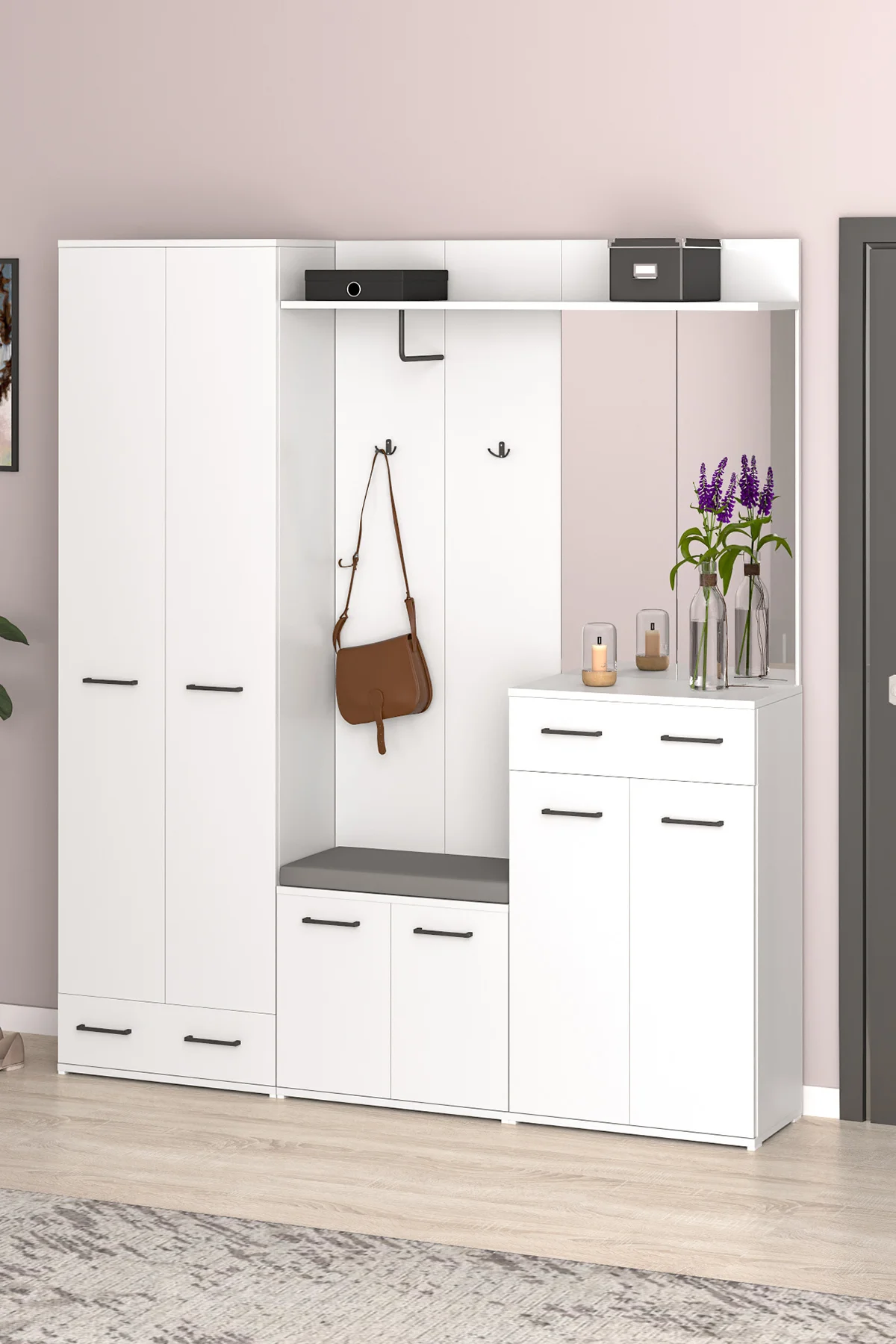 Beyaz Portmanto Vestiyer Askılık, Aynalı, Ayakkabılık, Dolaplı, Çekmeceli, Arya Puzzle Modeli V-085