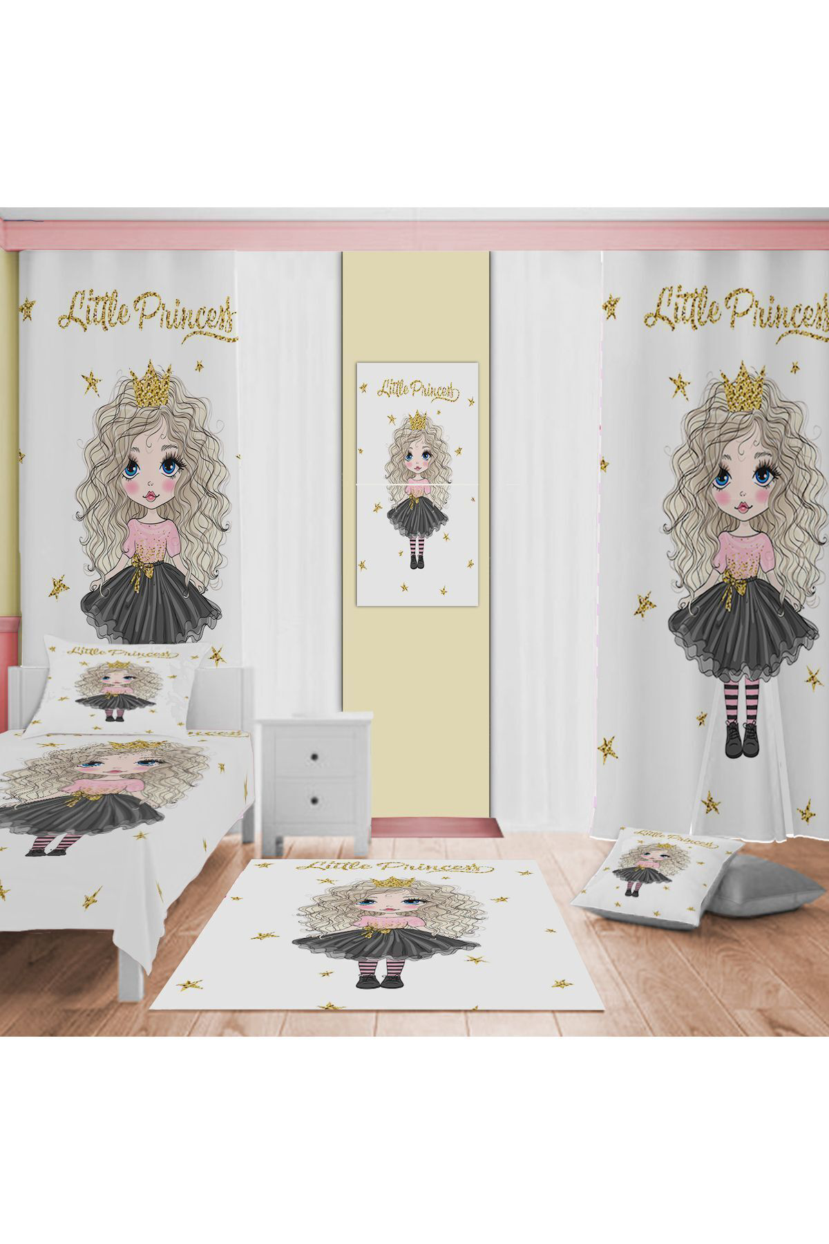 Evan Home Beyaz Princess Desenli Çocuk Odası Takım Perde (İki Kanat),Yatak Örtüsü,Yastık,Kırlent ,Halı,Tablo