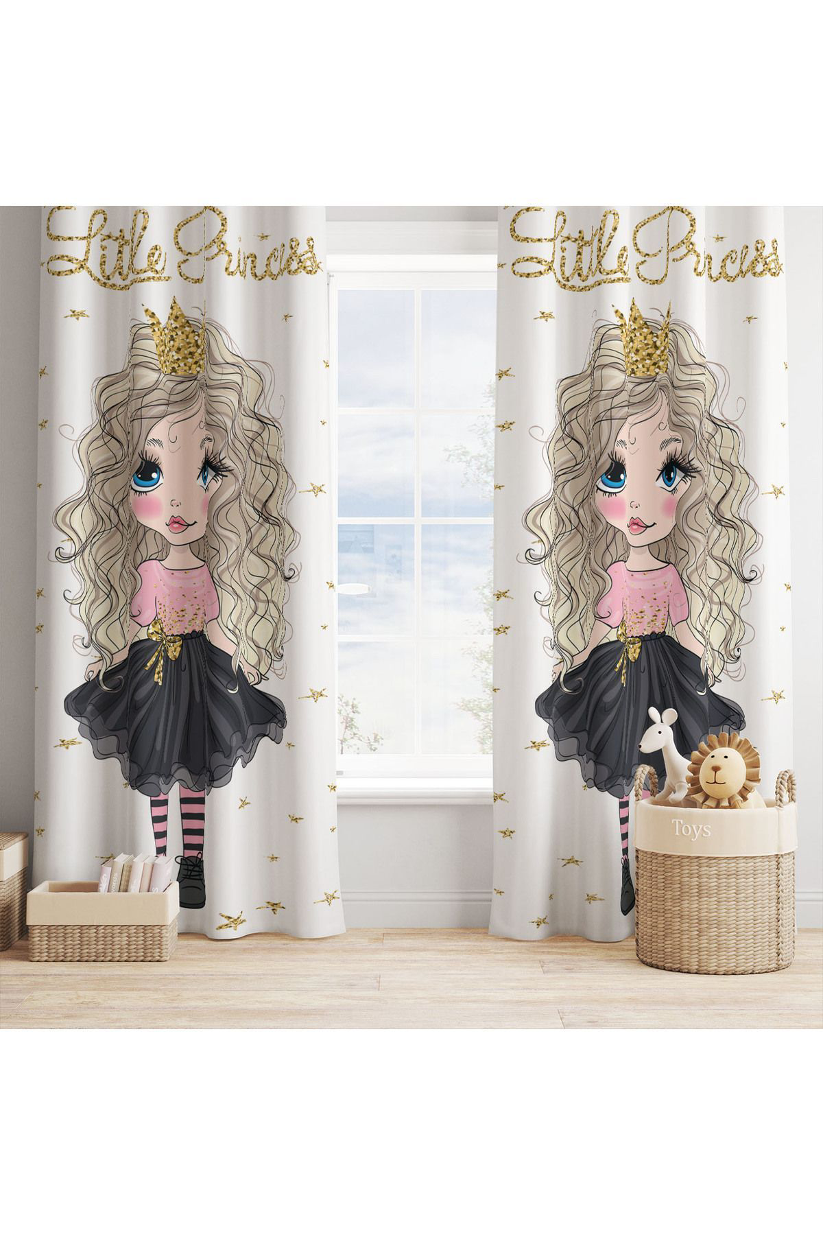 Evan Home Beyaz Princess Desenli Çocuk Odası Takım Perde (İki Kanat),Yatak Örtüsü,Yastık,Kırlent ,Halı,Tablo