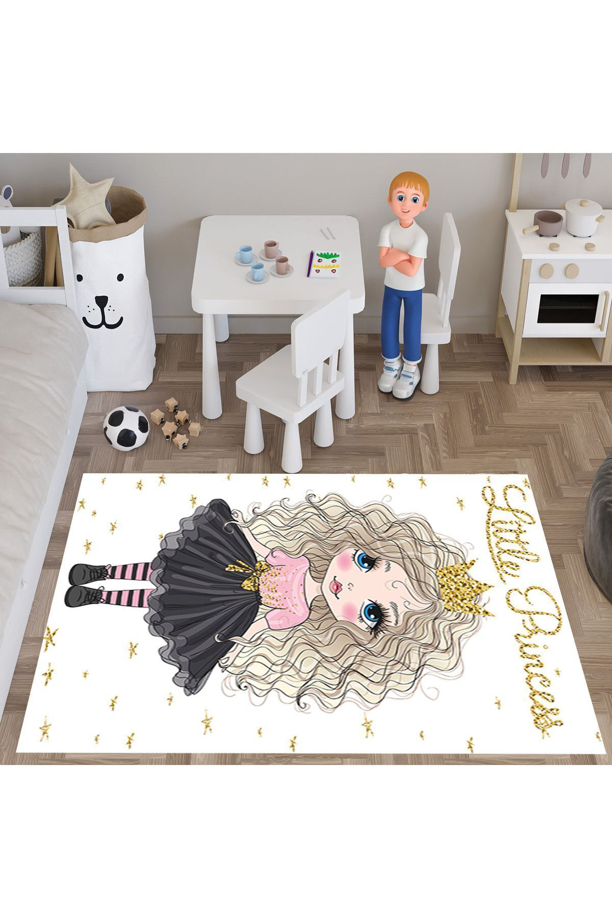 Evan Home Beyaz Princess Desenli Çocuk Odası Takım Perde (İki Kanat),Yatak Örtüsü,Yastık,Kırlent ,Halı,Tablo