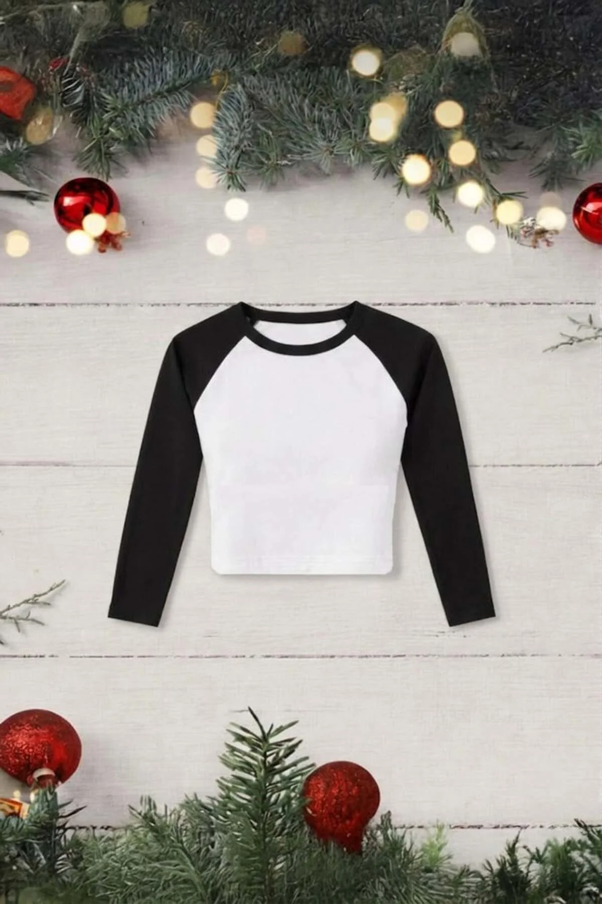 Beyaz Raglan Crop Siyah Kollu Pijama Takımı