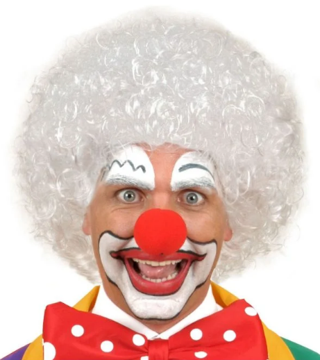Beyaz Renk Kıvırcık Afro Bonus Peruk Saç ve Kırmızı Sünger Burun 