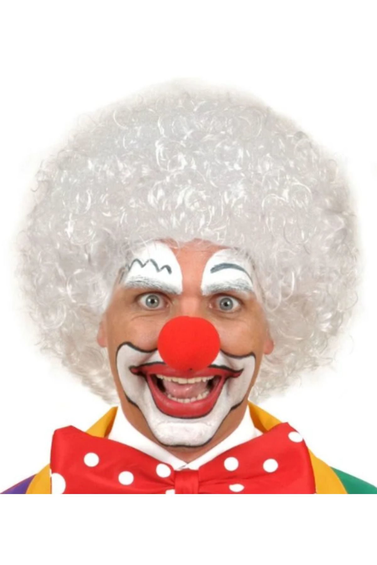 Ok Aksesuar Beyaz Renk Kivircik Afro Bonus Peruk Saç Ve Kirmizi Sünger Burun