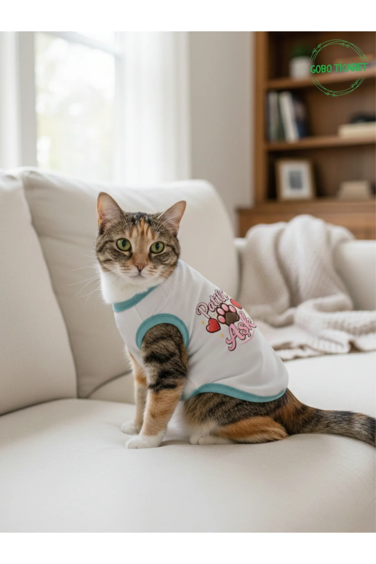 Beyaz Renkli Patili Aşk Baskılı Kedi ve Köpek Kıyafeti Tişörtü El