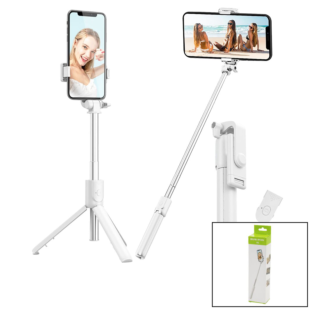 BEYAZ  SELFİ ÇUBUK - TRİPOD AYAKLI  57CM UZAYAN-KISALAN SAPLI + 1